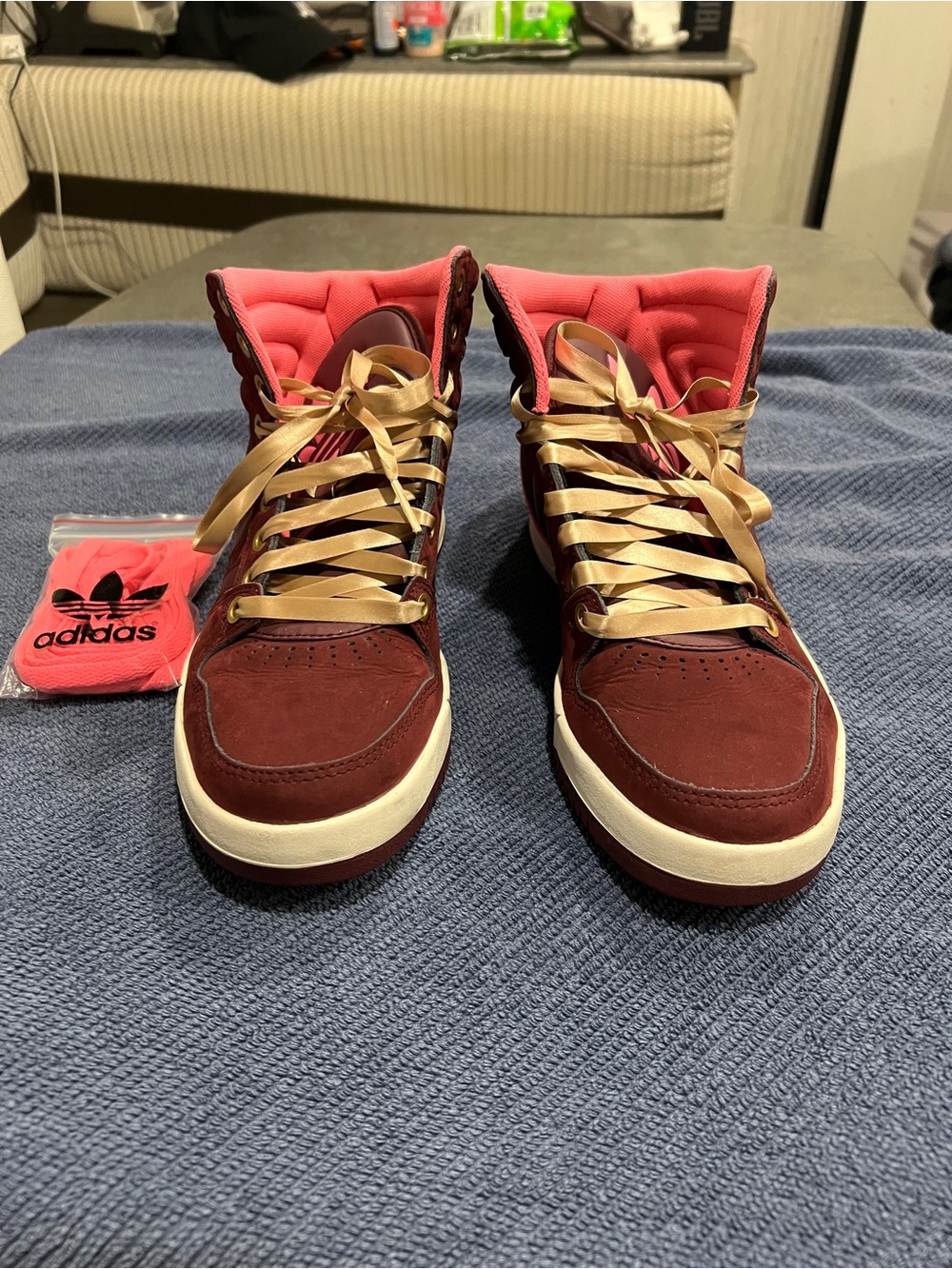 adidas Burgundy Suede High-Top Sneakers with Pink Interior and Gold Laces